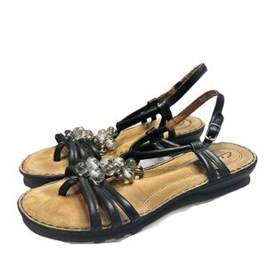 Clarks Bendables Black Leather Beaded Embellished Toe Post Sandals Women's 7.5 M